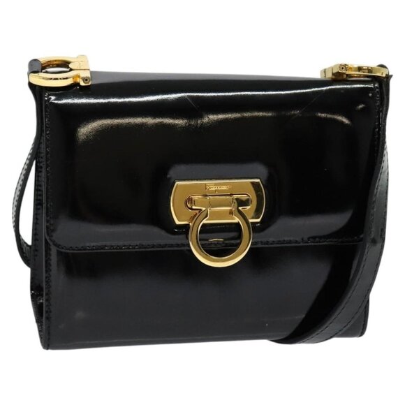Salvatore Ferragamo Gancini Shoulder Bag Enamel Black Gold Auth - Picture 2 of 16